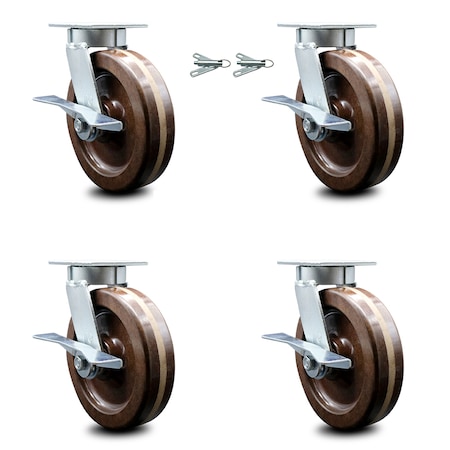 Service Caster 8 Inch Kingpinless High Temp Phenolic Wheel Caster Brakes 2 Swivel Locks, 4PK SCC-KP30S820-PHRHT-SLB-BSL-2-SLB-2